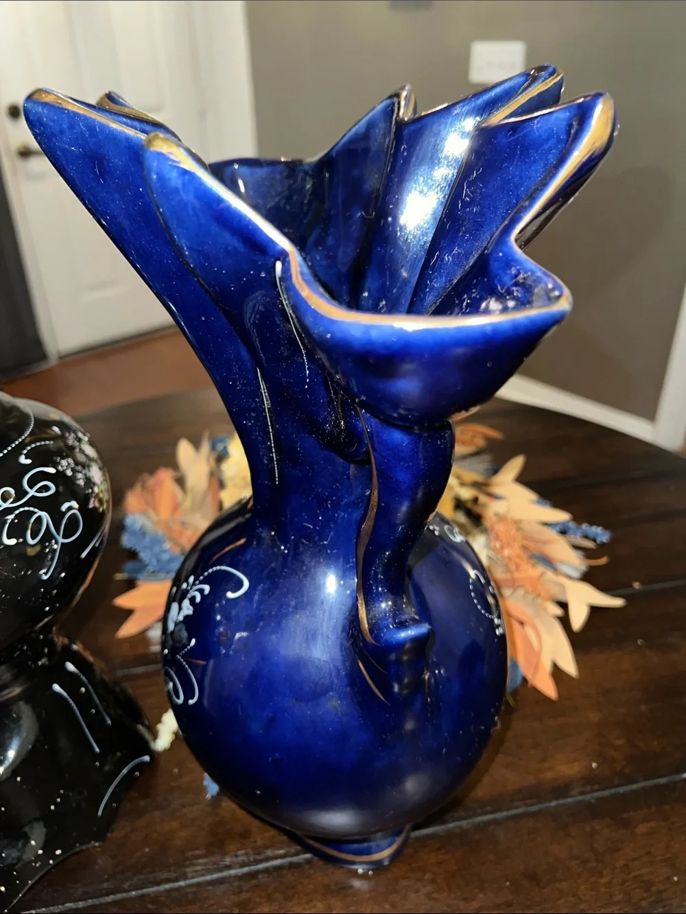 Pair of Decorative Ceramic Vases - Black and Blue Floral Accents